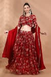 Buy_Shreya J Label_Red Organza Embroidery, Sequins, Zari, Floral Printed Lehenga Blouse Set _at_Aza_Fashions
