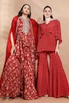 Buy_Shreya J Label_Red Crepe Sequins, Stones V-neck Geometric Print Cape Top And Sharara Set 