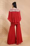 Shop_Shreya J Label_Red Crepe Sequins, Stones V-neck Geometric Print Cape Top And Sharara Set _at_Aza_Fashions