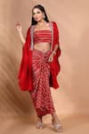 Shop_Shreya J Label_Red Crepe Embroidery, Beads Open Neck Ladderprint Cape And Skirt Set _Online_at_Aza_Fashions