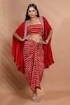 Shreya J Label_Red Crepe Embroidery, Beads Open Neck Ladderprint Cape And Skirt Set _at_Aza_Fashions