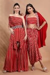 Shop Shreya J Label Red Crepe Embroidery, Beads Open Neck Ladderprint Cape And Skirt Set Shop_Shreya J Label_Red Crepe Embroidery, Beads Open Neck Ladderprint Cape And Skirt Set