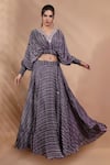 Shreya J Label_Purple Crepe Embroidery V-neck Printed Cropped Top And Skirt Set _Online_at_Aza_Fashions