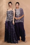 Shreya J Label_Purple Crepe Embroidery, Sequins, Glitter Floral Cord Corset And Shimmer Pant Set _at_Aza_Fashions