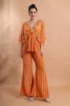 Shreya J Label_Orange Crepe Embroidery, Sequins, Beads V-neck Printed Draped Kaftan Tunic Set _Online_at_Aza_Fashions