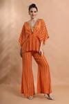 Buy_Shreya J Label_Orange Crepe Embroidery, Sequins, Beads V-neck Printed Draped Kaftan Tunic Set _at_Aza_Fashions