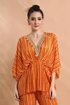 Shop_Shreya J Label_Orange Crepe Embroidery, Sequins, Beads V-neck Printed Draped Kaftan Tunic Set _Online_at_Aza_Fashions