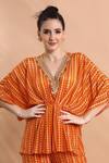 Shreya J Label_Orange Crepe Embroidery, Sequins, Beads V-neck Printed Draped Kaftan Tunic Set _at_Aza_Fashions
