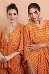 Buy Shreya J Label Orange Crepe Embroidery, Sequins, Beads V-neck Printed Draped Kaftan Tunic Set Buy_Shreya J Label_Orange Crepe Embroidery, Sequins, Beads V-neck Printed Draped Kaftan Tunic Set