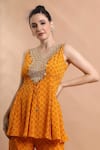 Shreya J Label_Yellow Crepe Embroidery, Sequins, Printed Panelled Peplum Kurta With Sharara _Online