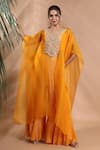 Shop_Shreya J Label_Yellow Organza Open Neck Hand Embroidered Cape Set 