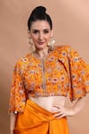 Buy_Shreya J Label_Yellow Satin Embroidery, Sequins Floral Hand Embellished Top And Draped Skirt Set 