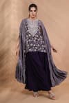 Shreya J Label_Purple Crepe Embroidery, Zari Round , Open Hand Cape And Pant Set _at_Aza_Fashions