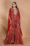 Buy_Shreya J Label_Red Chinon Embroidery, Sequins Open , Round Hand Kurta Sharara Set 
