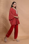 Shreya J Label_Red Crepe Embroidery, Sequins, Beads V-neck Printed Asymmetric Kurta And Pant Set _Online_at_Aza_Fashions