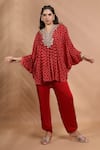 Buy_Shreya J Label_Red Crepe Embroidery, Sequins, Beads V-neck Printed Asymmetric Kurta And Pant Set _Online_at_Aza_Fashions