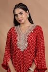 Buy_Shreya J Label_Red Crepe Embroidery, Sequins, Beads V-neck Printed Asymmetric Kurta And Pant Set 