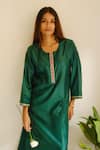 Shop_Juanita By Shubhda_Emerald Green Chanderi, Cotton, Organza, Silk Resham Zari Kurta And Pant Set _Online_at_Aza_Fashions