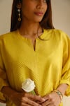 Shop_Juanita By Shubhda_Yellow Chanderi Split V-neck Pintuck Detail Kurta And Pant Set _Online_at_Aza_Fashions