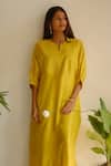 Shop_Juanita By Shubhda_Yellow Chanderi Split V-neck Pintuck Detail Kurta And Pant Set 