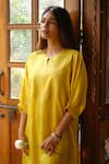 Juanita By Shubhda_Yellow Chanderi Split V-neck Pintuck Detail Kurta And Pant Set _Online
