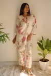 Buy_Juanita By Shubhda_Ivory Chanderi Pearls, Foil Printing Split Floral Hand Block Kurta And Pant Set _at_Aza_Fashions