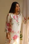 Juanita By Shubhda_Ivory Chanderi Pearls, Foil Printing Split Floral Hand Block Kurta And Pant Set _at_Aza_Fashions