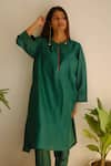 Shop_Juanita By Shubhda_Green Chanderi Zari Mandarin Collar, Split V-neck Kurta And Pant Set _Online_at_Aza_Fashions