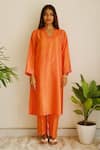 Juanita By Shubhda_Orange Silk, Cotton Embroidery, Zari Split V-neck Resham Kurta And Pant Set _Online_at_Aza_Fashions