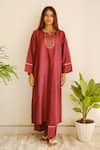 Buy_Juanita By Shubhda_Wine Chanderi, Cotton Sequins, Embroidery Split And Resham Kurta & Pant Set _at_Aza_Fashions
