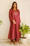 Shop_Juanita By Shubhda_Wine Chanderi, Cotton Sequins, Embroidery Split And Resham Kurta & Pant Set 