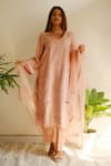 Buy_Juanita By Shubhda_Pink Chanderi, Cotton Embroidery, Zari V-neck Kurta Set _at_Aza_Fashions