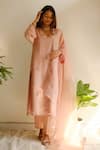 Shop_Juanita By Shubhda_Pink Chanderi, Cotton Embroidery, Zari V-neck Kurta Set 