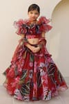 Buy_Janyas Closet_Red Organza Ruffles Floral Print Lehenga Set _at_Aza_Fashions