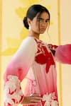 I Am Design_Red Silk Organza Applique, Sequins Round Neck Rose Ombre Kurta Set _Online_at_Aza_Fashions