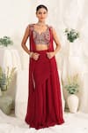 Buy_Meenagurnam_Maroon Georgette Beads, Sequins, Embroidery Sweetheart Cutdana Jacket Skirt Set _at_Aza_Fashions