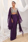 Meenagurnam_Purple Net, Organza, Satin Sequins, Embroidery V-neck, Open Jacket Skirt Set _Online_at_Aza_Fashions