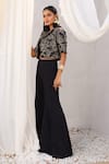Meenagurnam_Black Satin Sequins, Beads V-neck, Open Cutdana Embellished Jacket Sharara Set _Online_at_Aza_Fashions