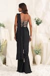 Shop_Meenagurnam_Black Satin, Jacquard Sequins, Stones Embellished Pre-draped Saree With Corset _at_Aza_Fashions