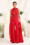 Buy_Meenagurnam_Red Net, Organza Sequins, Beads Halter Neck Embellished Blouse Sharara Set _at_Aza_Fashions