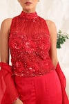 Buy_Meenagurnam_Red Net, Organza Sequins, Beads Halter Neck Embellished Blouse Sharara Set _Online_at_Aza_Fashions