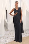 Buy_Meenagurnam_Black Georgette, Net Sequins, Zari, Embroidered Blouse With Pre-draped Saree _at_Aza_Fashions