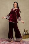 Dohr India_Red Velvet, Silk Zari, Sequins, Beads, Embroidery V-neck Dori Top And Pant Set _at_Aza_Fashions