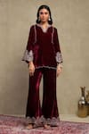 Buy_Dohr India_Red Velvet, Silk Zari, Sequins, Beads, Embroidery V-neck Dori Top And Pant Set _at_Aza_Fashions