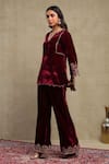 Buy_Dohr India_Red Velvet, Silk Zari, Sequins, Beads, Embroidery V-neck Dori Top And Pant Set 