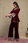 Shop_Dohr India_Red Velvet, Silk Zari, Sequins, Beads, Embroidery V-neck Dori Top And Pant Set 
