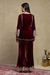 Dohr India_Red Velvet, Silk Zari, Sequins, Beads, Embroidery V-neck Dori Top And Pant Set _Online_at_Aza_Fashions