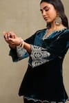Buy_Dohr India_Navy Velvet, Silk Embroidery, Sequins, Beads, Zari Split Dori Top And Pant Set _Online_at_Aza_Fashions