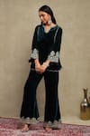 Buy_Dohr India_Navy Velvet, Silk Embroidery, Sequins, Beads, Zari Split Dori Top And Pant Set _at_Aza_Fashions
