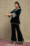 Dohr India_Navy Velvet, Silk Embroidery, Sequins, Beads, Zari Split Dori Top And Pant Set _Online